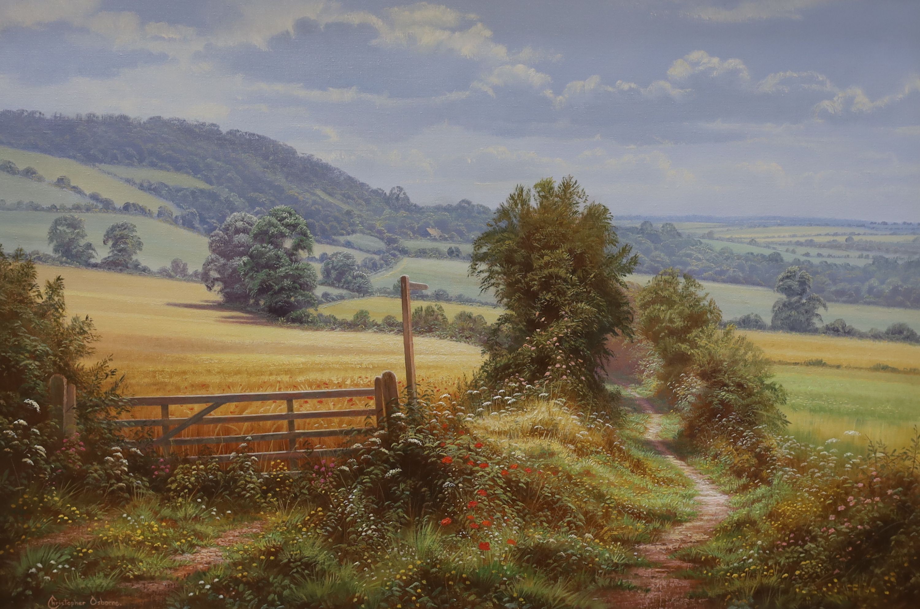 Christopher Osbourne (1947-), oil on canvas, 'Across the fields, The Pilgrims Way at Wrotham, Kent', signed, 50 x 76cm